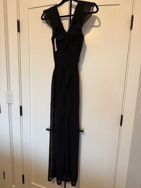 Francesca's Collections Black Ruffle V-Neck Wide-Leg Jumpsuit